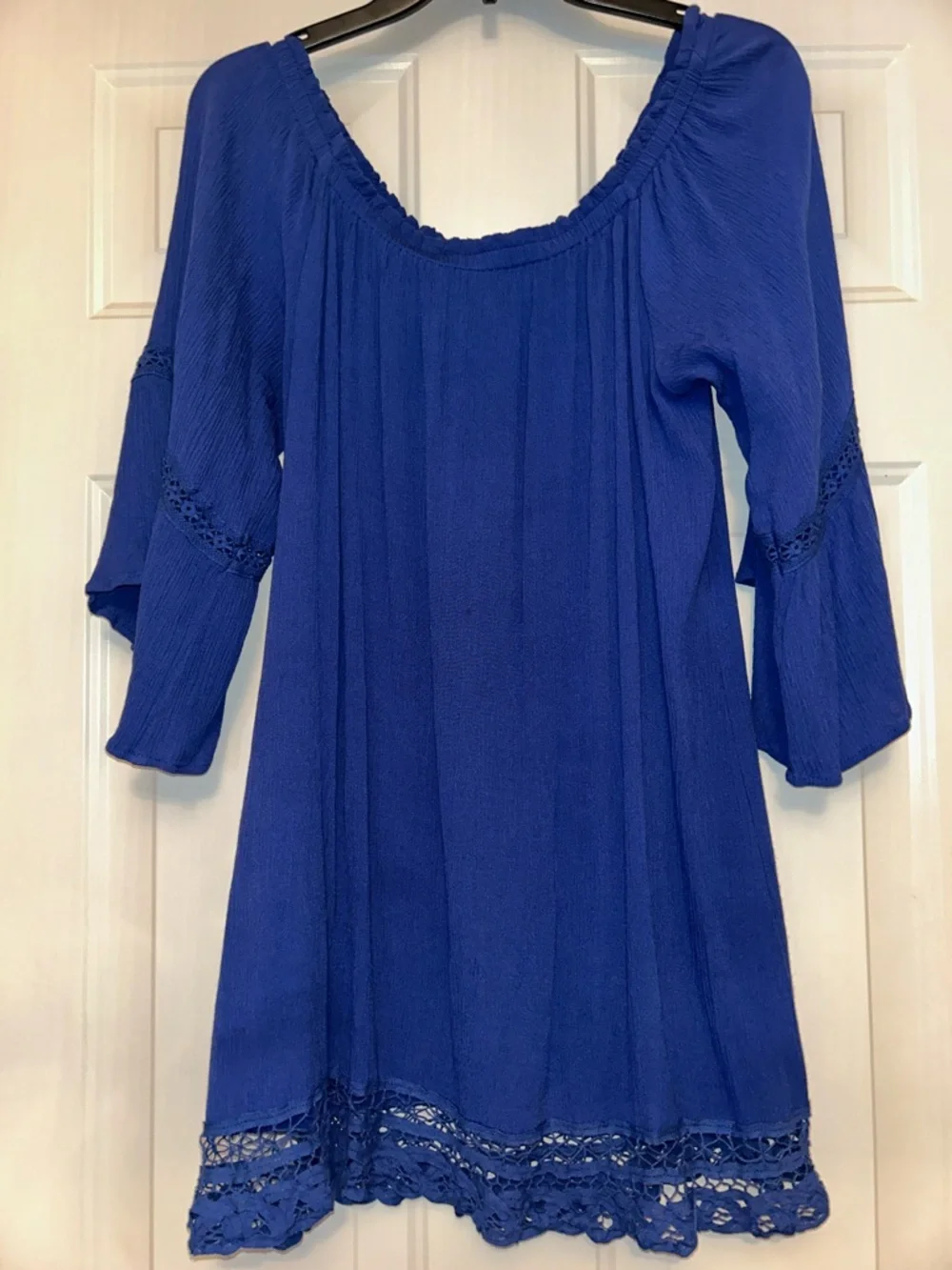 Flying Tomato Crochet Hem Peasant Dress L Blue Lace Relaxed Loose Bell Sleeve